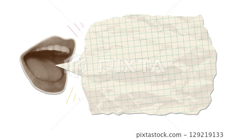 Halftone collage grunge Back to school banner element. Woman s mouth announcing crazy promotions with Crumpled paper bubble. Doodle elements on retro poster, advertising design with space for text. Halftone collage grunge Back to school banner element. Woman s mouth announcing crazy promotions with Crumpled paper bubble. Doodle elements on retro poster, advertising design with space for text. 129219133
