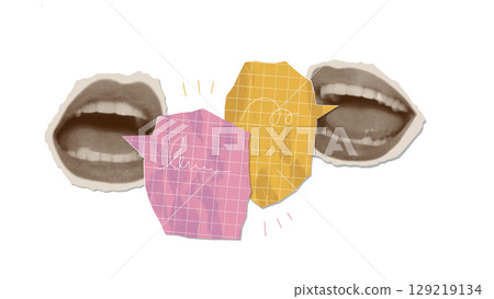 Pop art style screaming mouth with Crumpled paper speech bubble. Halftone collage female lips in retro style. Advertising concept. Marketing. Sale banner. Design elements to attract attention. Vector Pop art style screaming mouth with Crumpled paper speech bubble. Halftone collage female lips in retro style. Advertising concept. Marketing. Sale banner. Design elements to attract attention. Vector 129219134