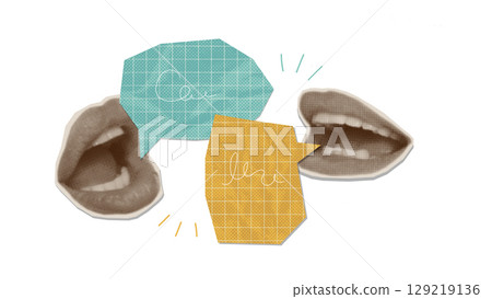 Crumpled paper Speech bubble with mouths in halftone collage style. Open female mouths, with screaming, smiling. Vector contemporary illustration. Back to school 129219136