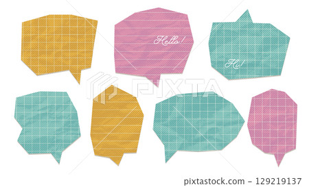 Crumpled colorful paper stickers with speech bubbles shape set. Comic retro cartoon elements made from color cut out paper. Vintage icons with wrinkled paper texture, cut edges. Vector design Crumpled colorful paper stickers with speech bubbles shape set. Comic retro cartoon elements made from color cut out paper. Vintage icons with wrinkled paper texture, cut edges. Vector design 129219137