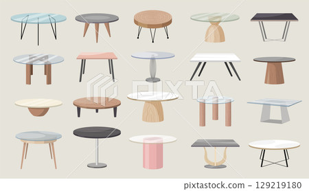 Furniture. Tables set of different shapes and materials glossy wood glass recent vector collection Furniture. Tables set of different shapes and materials glossy wood glass recent vector collection 129219180