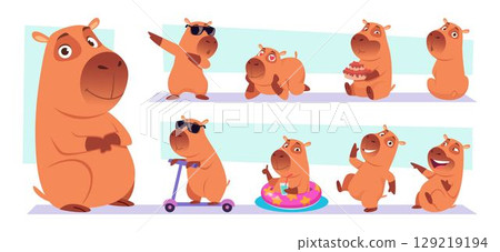 Capybara. Funny mascot capybara in different cute poses exact vector cartoon illustrations 129219194