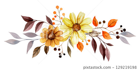 bouquet, composition of autumn flowers and leaves, yellow and orange. watercolor clip art 129219198