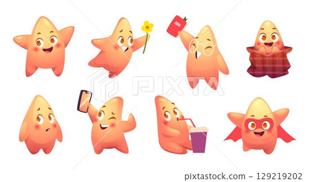 Stars mascot. Cute little stars with different emotion on face expression poses exact vector cartoon illustrations set 129219202
