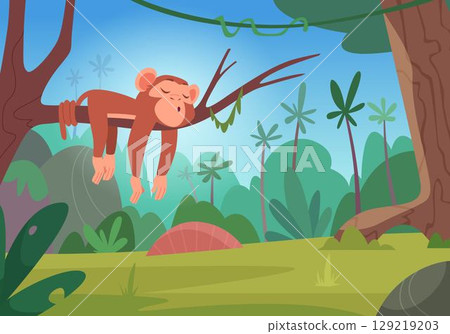 Jungle monkey. Outdoor background illustration wild exotic forest with monkey on trees exact vector template 129219203