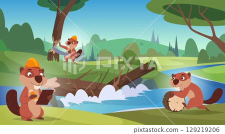 Beavers working. Cartoon wild animals beavers building a dam exact vector background outdoor illustration Beavers working. Cartoon wild animals beavers building a dam exact vector background outdoor illustration 129219206