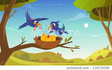 Wild birds. Mother father and little chicks exact vector scenes with funny birds Wild birds. Mother father and little chicks exact vector scenes with funny birds 129219209