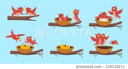 Birds family. Freedom concept characters birds mother father and kids in action poses exact vector pictures Birds family. Freedom concept characters birds mother father and kids in action poses exact vector pictures 129219211
