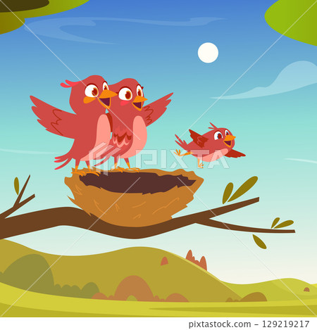 Birds family. baby bird fly the way from the nest 129219217