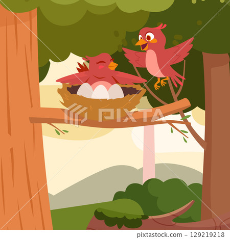 Bird nest. family bird mother and father 129219218