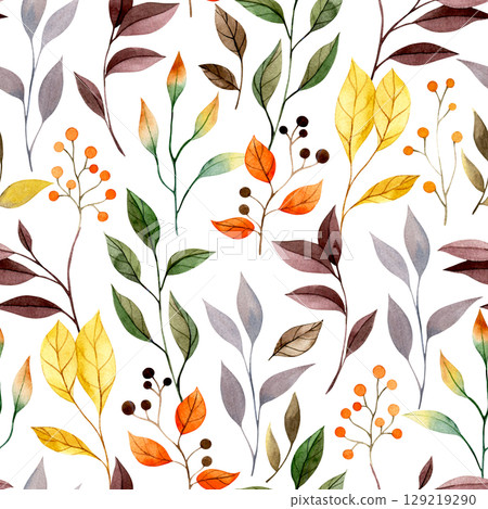 Seamless pattern of autumn leaves, yellow and orange colors. Watercolor illustration 129219290
