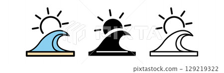 A set of three minimalist wave icons in different styles: a colorful wave, a monochrome wave, and a stylized wave with a sun. 129219322