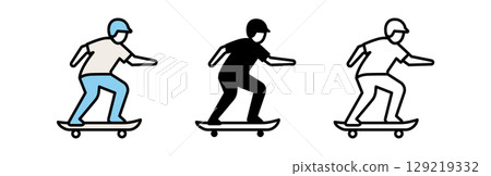 Dynamic skateboarder in motion, showcasing skill and style with three variations of design. Dynamic skateboarder in motion, showcasing skill and style with three variations of design. 129219332