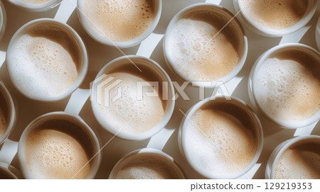 Top view rows of coffee cups with frothy details. Neural network AI generated 129219353