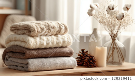 Cozy wool textures in sunlit rustic cottage. Neural network AI generated 129219411