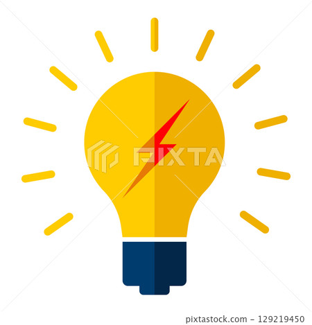 Creative Light Bulb with Lightning Bolt. Innovation and Energy Concept. Vector Illustration. A glowing yellow light bulb with a bold red lightning bolt in the center. Creative Light Bulb with Lightning Bolt. Innovation and Energy Concept. Vector Illustration. A glowing yellow light bulb with a bold red lightning bolt in the center. 129219450