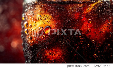 Close-up of ice-cold beverage with bubbles and red lighting. Neural network AI generated 129219568