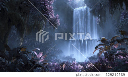 Lush jungle waterfall with tropical foliage. Neural network AI generated Lush jungle waterfall with tropical foliage. Neural network AI generated 129219589