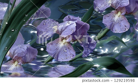 Dew-covered lilac iris reflections in sunlit water. Neural network AI generated 129219598