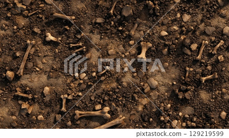 Earthy surface with sporadic bones and twigs. Neural network AI generated 129219599