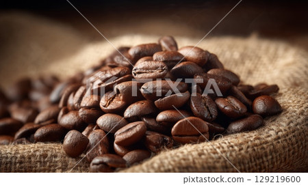 Close-up of coffee beans on burlap fabric. Neural network AI generated Close-up of coffee beans on burlap fabric. Neural network AI generated 129219600