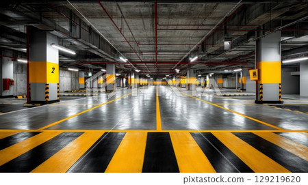 Empty parking garage with yellow stripes. Neural network AI generated 129219620