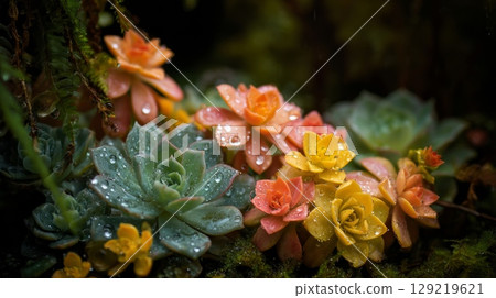 Dewy succulents in morning glow. Neural network AI generated 129219621