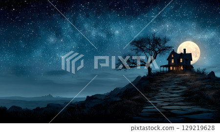 Mysterious Halloween scene with haunted house and moonlight. Designed with open space for text or product placement. 129219628