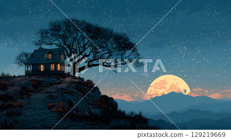Mysterious Halloween scene with haunted house and moonlight. Designed with open space for text or product placement. 129219669