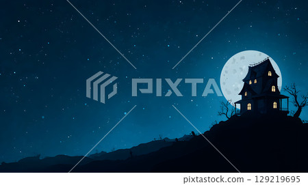Mysterious Halloween scene with haunted house and moonlight. Designed with open space for text or product placement. 129219695
