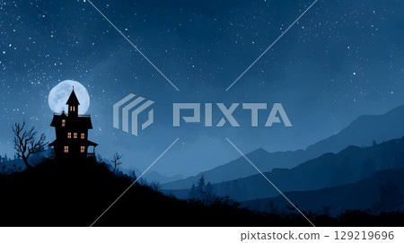Mysterious Halloween scene with haunted house and moonlight. Designed with open space for text or product placement. 129219696