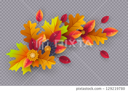 Colorful autumn leaves and flowers on transparent background. Festive seasonal border for fall themes, Thanksgiving promotions or nature design. Vector illustration. 129219780