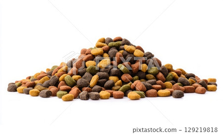 Heap of colorful dog kibble on white background. Neural network AI generated 129219818