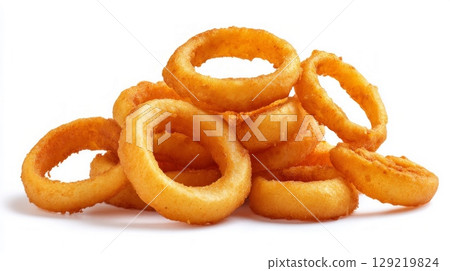 Crispy onion rings on white background. Neural network AI generated Crispy onion rings on white background. Neural network AI generated 129219824