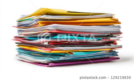 Stack of colorful documents on white background. Neural network AI generated Stack of colorful documents on white background. Neural network AI generated 129219830