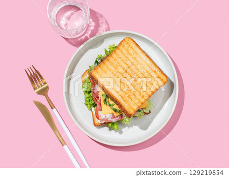 Club sandwich of toast bread with bacon, cheese, tomatoes, lettuce, arugula and sauce in a plate 129219854