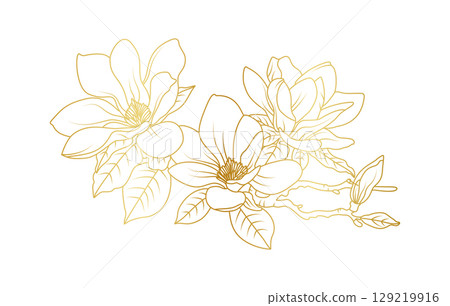 Golden magnolia flowers line art isolated on white background. Luxury magnolia floral design elements for invitation, wedding, wallpaper, print template, vector illustration Golden magnolia flowers line art isolated on white background. Luxury magnolia floral design elements for invitation, wedding, wallpaper, print template, vector illustration 129219916