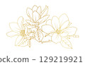 Golden magnolia flowers line art isolated on white background. Luxury magnolia floral design elements for invitation, wedding, wallpaper, print template, vector illustration 129219921