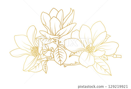 Golden magnolia flowers line art isolated on white background. Luxury magnolia floral design elements for invitation, wedding, wallpaper, print template, vector illustration Golden magnolia flowers line art isolated on white background. Luxury magnolia floral design elements for invitation, wedding, wallpaper, print template, vector illustration 129219921