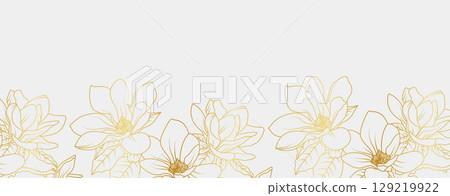 Luxury gold magnolia flowers background. Floral pattern tropical in line art style for greeting, invitation, wedding card, wall art, wallpaper and print. Vector illustration Luxury gold magnolia flowers background. Floral pattern tropical in line art style for greeting, invitation, wedding card, wall art, wallpaper and print. Vector illustration 129219922