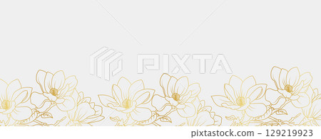 Luxury gold magnolia flowers background. Floral pattern tropical in line art style for greeting, invitation, wedding card, wall art, wallpaper and print. Vector illustration Luxury gold magnolia flowers background. Floral pattern tropical in line art style for greeting, invitation, wedding card, wall art, wallpaper and print. Vector illustration 129219923