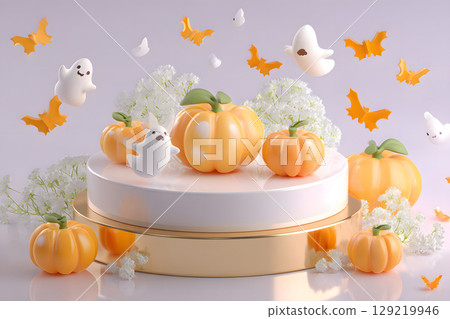 Minimal Halloween product display mockup with white podium, pumpkins, and spooky elements. Perfect for showcasing products or promotional graphics. 129219946