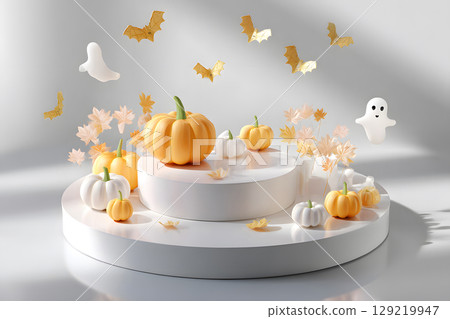 Minimal Halloween product display mockup with white podium, pumpkins, and spooky elements. Perfect for showcasing products or promotional graphics. 129219947