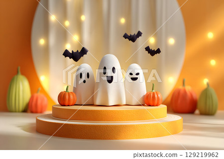 Minimal Halloween product display mockup with white podium, pumpkins, and spooky elements. Perfect for showcasing products or promotional graphics. 129219962