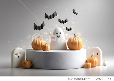 Minimal Halloween product display mockup with white podium, pumpkins, and spooky elements. Perfect for showcasing products or promotional graphics. 129219963