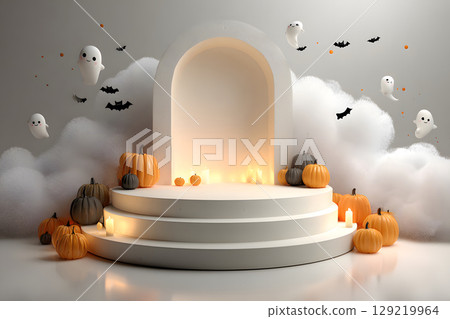 Minimal Halloween product display mockup with white podium, pumpkins, and spooky elements. Perfect for showcasing products or promotional graphics. Minimal Halloween product display mockup with white podium, pumpkins, and spooky elements. Perfect for showcasing products or promotional graphics. 129219964