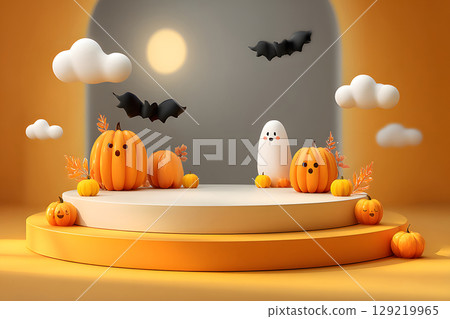 Minimal Halloween product display mockup with white podium, pumpkins, and spooky elements. Perfect for showcasing products or promotional graphics. 129219965