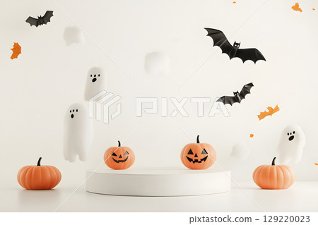 Minimal Halloween product display mockup with white podium, pumpkins, and spooky elements. Perfect for showcasing products or promotional graphics. 129220023