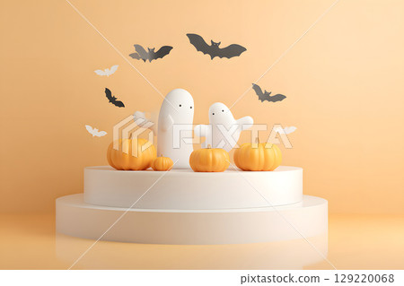 Minimal Halloween product display mockup with white podium, pumpkins, and spooky elements. Perfect for showcasing products or promotional graphics. 129220068