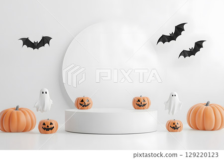 Minimal Halloween product display mockup with white podium, pumpkins, and spooky elements. Perfect for showcasing products or promotional graphics. 129220123